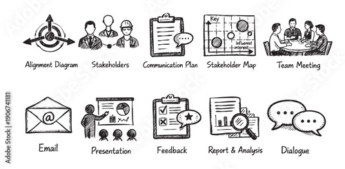 Hand-drawn vector sketch of business concepts like team meetings, feedback, reports, emails, and communication. Perfect for presentations, websites, or illustrating business strategies.