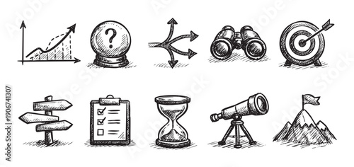 A collection of sketchy, hand-drawn business icons representing goal setting, vision, planning, and strategy. Perfect for presentations, websites, or marketing materials.