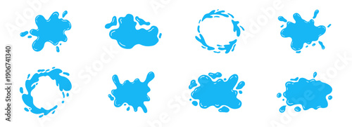 Water puddle splash frame, liquid shape with drops, abstract blob. Uneven wavy border edge set, paint, puddle, stain, rounded blot with splashes droplets.