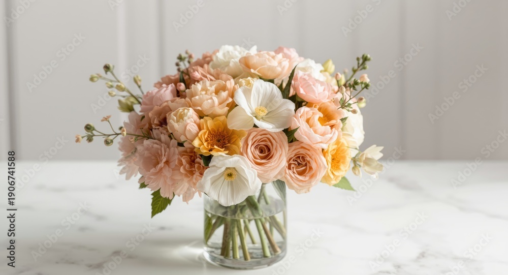 Obraz premium A charming floral arrangement featuring mixed blooms on a bright white tabletop