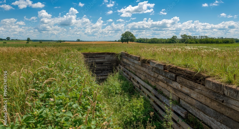 Obraz premium Civil War fortification trench covered in thick vegetation with farmland under a sunny blue sky