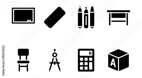 Education and classroom objects black and white icons set