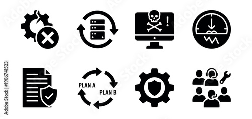 Technology and cybersecurity monochrome icons set