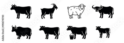 Livestock animals silhouette icons set