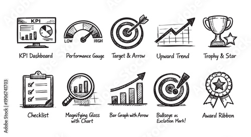 Business Performance Hand-Drawn Icon Set for Marketing and Strategy