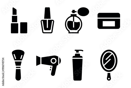 Beauty and personal care products black and white icons set