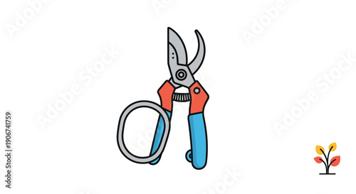 Colorful illustration of a pair of gardening pruning shears with blue and orange handles for maintenance and horticultural hobby concepts.