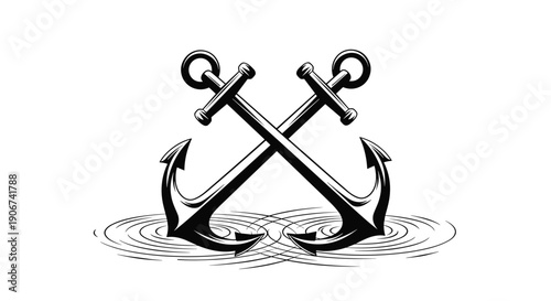 Detailed black and white engraving style illustration of two crossed nautical anchors resting in rippling water for maritime themes.