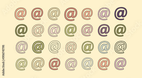 Pattern of at-symbol icons in different colors and line weights on a beige background for communication and internet related designs.