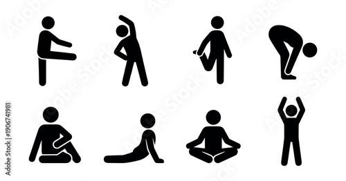 Fitness and yoga stick figure exercise icons set