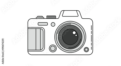 Simple line drawing of a modern digital camera in shades of grey and white with realistic lens details for photography and media themes.