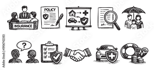 Sketch illustration representing insurance. Black and white drawing icons for various types of insurances: health, car, life, family, home. Concept for risk management, safety, and financial planning.