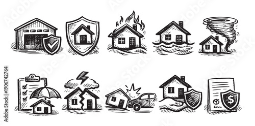 Hand drawn doodle style illustrations of house insurance icons depicting various scenarios like fire, flood, tornado, and car accidents. Use for financial planning or advertisement purposes.