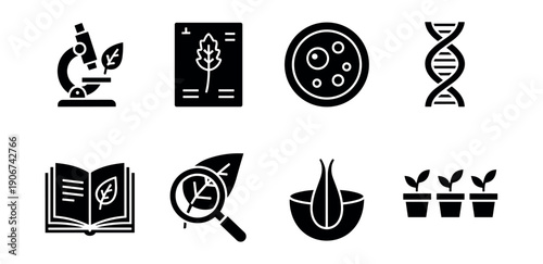 Botanical science black and white icons set
