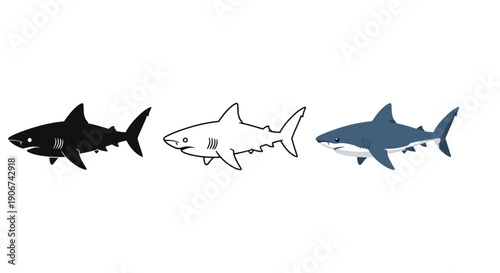 Collection of three distinct stylized great white shark illustrations showing solid silhouette outline and full color versions ideal for ocean or marine life design projects