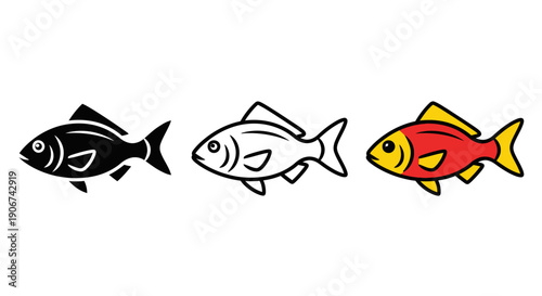 Collection of three stylized fish icons showcasing silhouette outline and vibrant color variations for aquatic and food related graphic design projects