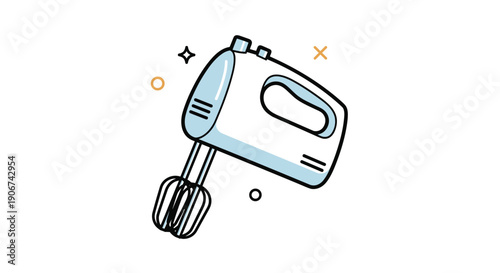 Stylish blue hand mixer kitchen appliance illustration with decorative stars and circles on a white background for baking and cooking themes.