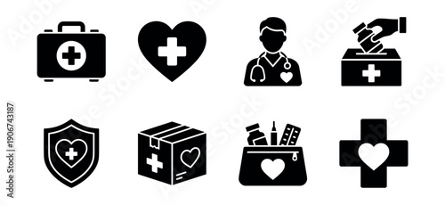 Medical and healthcare silhouette icons set