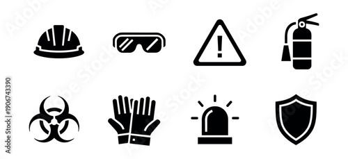 Safety and hazard black and white icons set