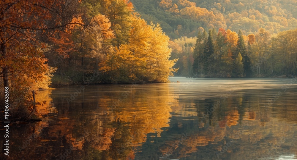 Obraz premium Fall colors displayed in oil painting with lake reflection and peaceful mood
