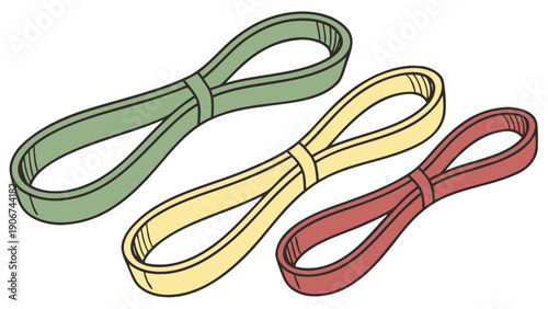 A vector graphic illustration of three colorful resistance bands on a white background