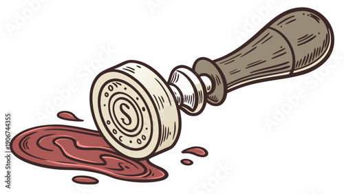 A vector graphic illustration of a rubber stamp with a wooden handle and red ink