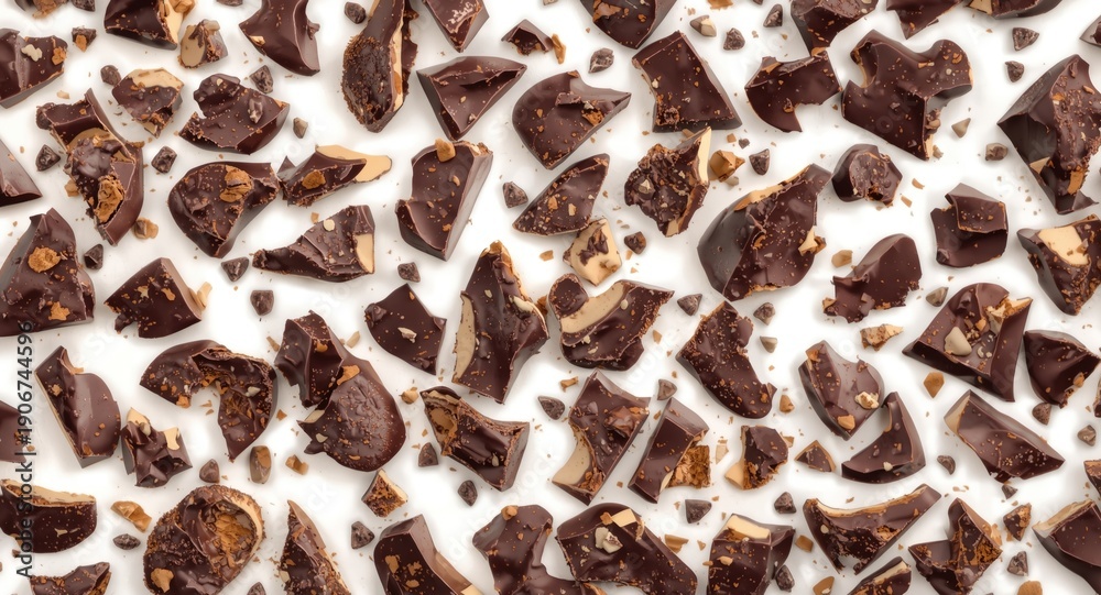 Naklejka premium crushed chocolate Easter egg pieces set against a neutral white backdrop