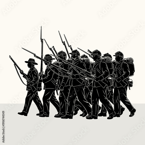 Silhouette of American Civil War soldiers marching in formation with rifles and bayonets