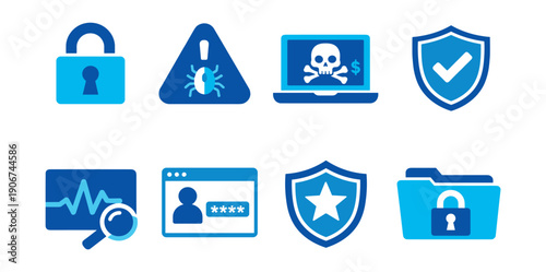 Cybersecurity blue icons set