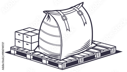 A black and white vector illustration of a large sack and boxes on a pallet