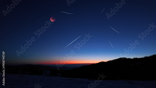 Φωτογραφία Blue hour time with lunar eclipse, stars and planets above landscape silhouettes
