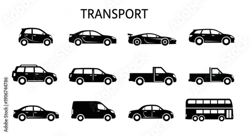 Collection of various car and vehicle silhouettes for transport illustration.