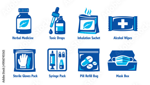 Medical and health supplies line icons set