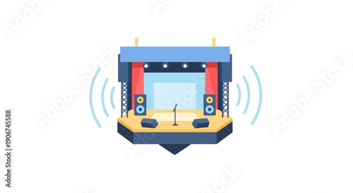 Dynamic illustration of a vibrant music stage setup ready for a live concert performance or event, complete with speakers and sound elements