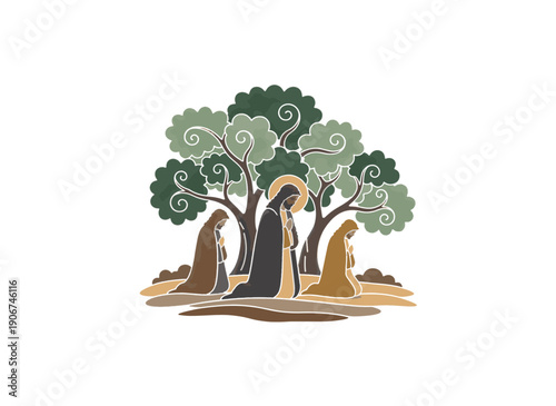 Jesus praying in Garden of Gethsemane with sleeping disciples. Biblical Easter scene. Minimalist vector illustration