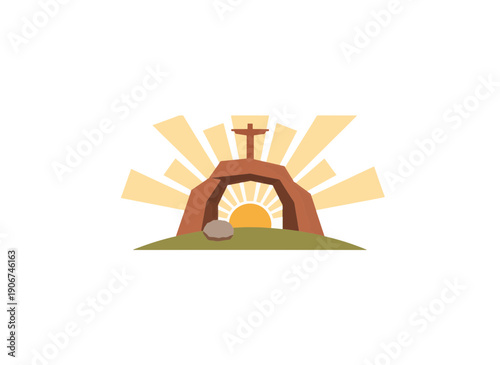 Resurrection of Jesus Christ with empty tomb and cross. Easter sunrise concept with sun rays. Minimalist flat vector illustration