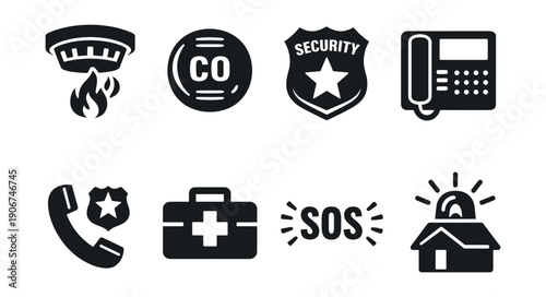 Emergency black and white icons set