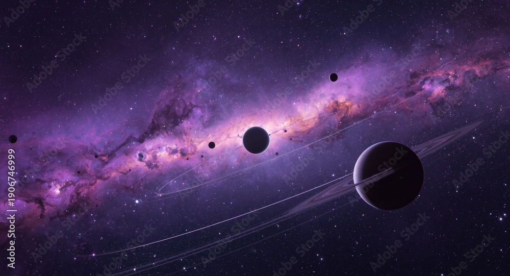 Fototapeta premium Futuristic scene showing planets in orbit with a vivid nebula and star field background