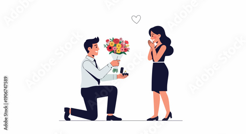 Cartoon illustration of a man proposing to a woman with a bouquet of flowers and a ring on a white background with a heart above them.