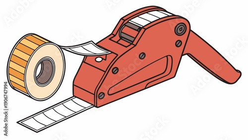 A red tape dispenser with a roll of tape on a white background