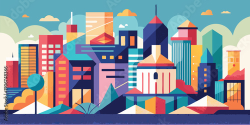 A vibrant, colorful city skyline features geometric buildings under a bright, stylized sky.
