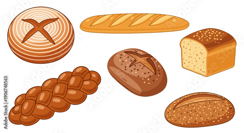 Appetizing variety of freshly baked bread and pastry on an isolated white background