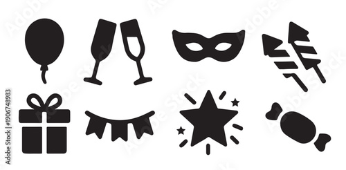  party icons featuring glasses balloon mask fireworks