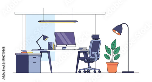 Modern Minimalist Office Workspace with Computer Monitor, Desk Lamp and Green Plant in Bright Studio