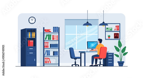 Focused Man Working on Computer in a Cozy Modern Home Office with Bookshelves and Window View