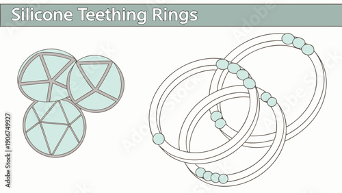 A vector graphic illustration of silicone teething rings for babies, designed in a minimalist flat style
