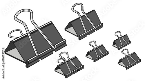 A set of black and white binder clips in various sizes on a white background