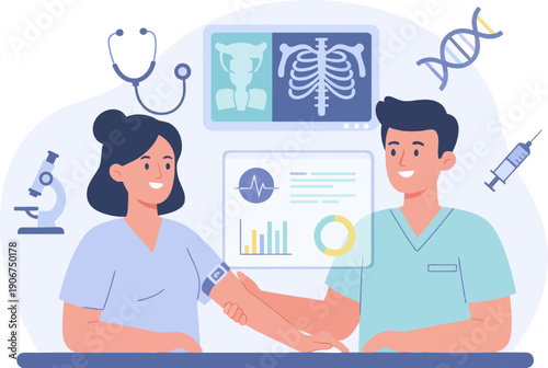 Healthcare and Medical Flat Vector Illustration. Clean and minimal design featuring doctors, nurses, patients, medical services, health technology, hospital care, telemedicine, and wellness themes.