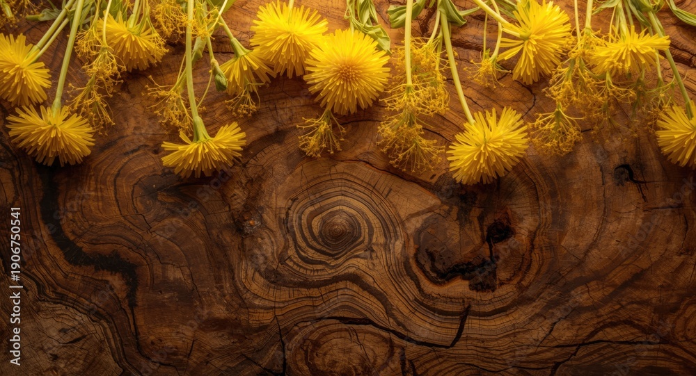 Obraz premium Creative floral arrangement of yellow dandelions on a rich wood grain surface with swirling texture and vivid color contrast