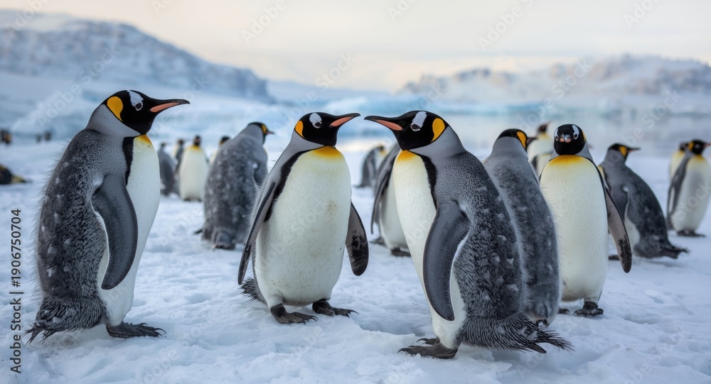 Fototapeta premium Happy Adelie penguins communicating on icy terrain in polar winter